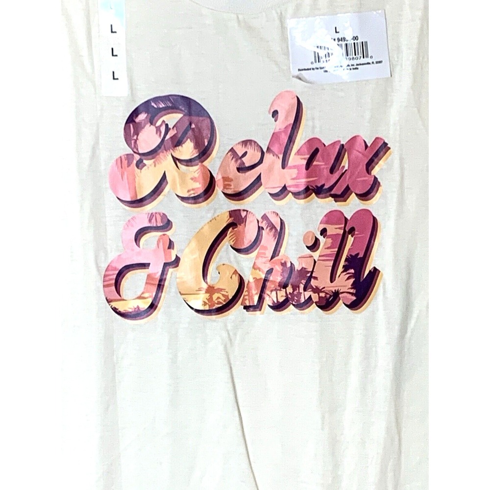 NEW Graphic Tee Shirt Womens Large "Relax & Chill" 100% Cotton Tropical Sunset - Picture 2 of 8